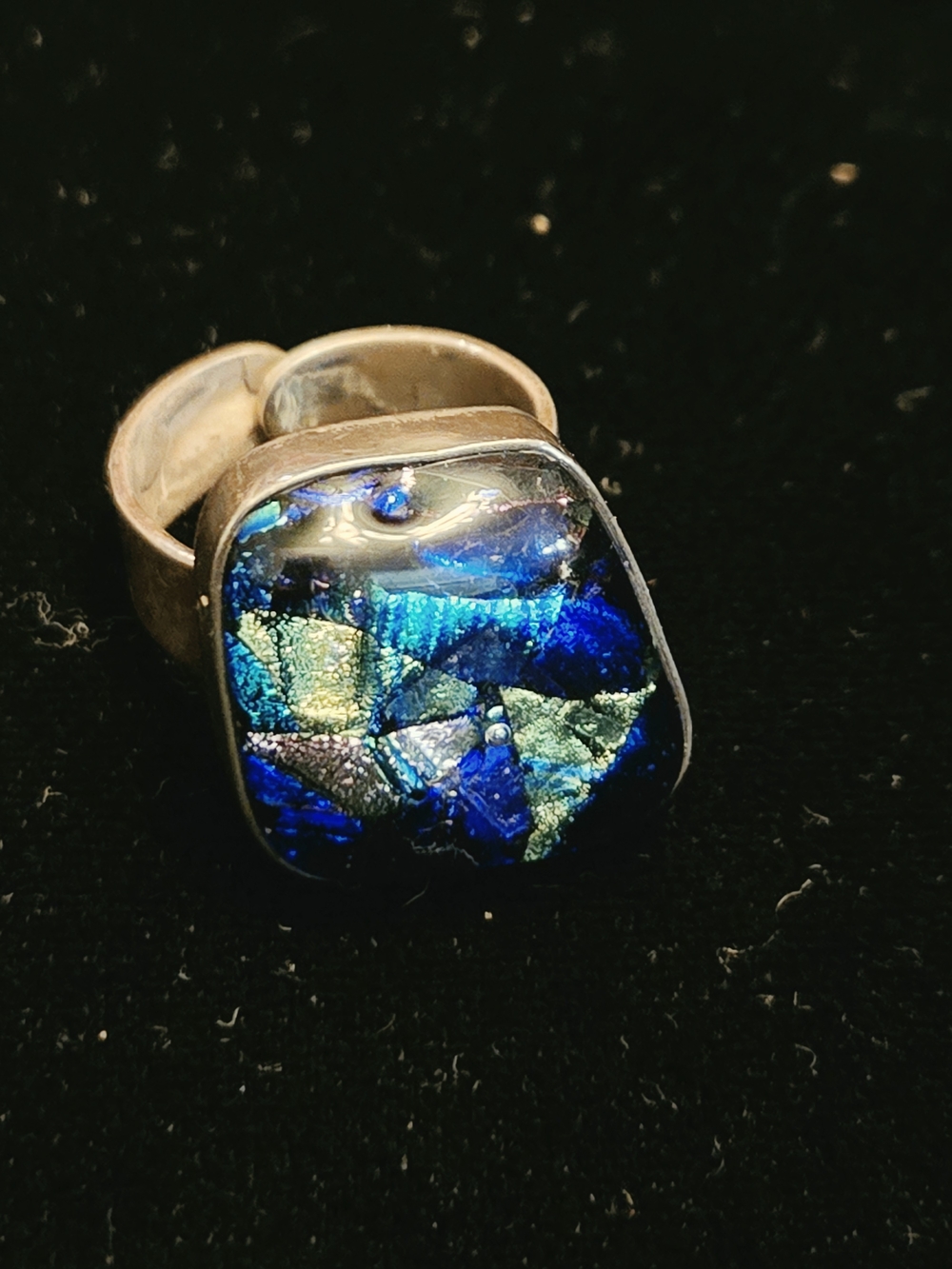 Dichroic Glass Statement Ring in Iridescent Blue-Green Sterling Silver 925